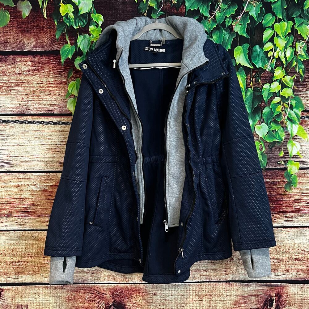 Steve Madden Layered Jacket Coat Womens Medium Full Zip Hoodie Cuffs Blue Gray